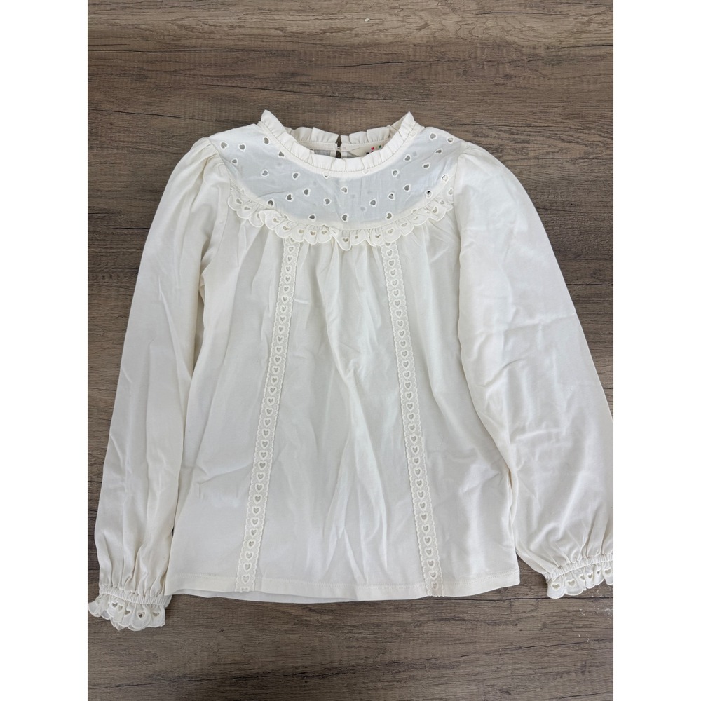 Mini Boden Girls Ivory Heart Eyelet Ruffle Long Sleeve Top Blouse 10-11Y
